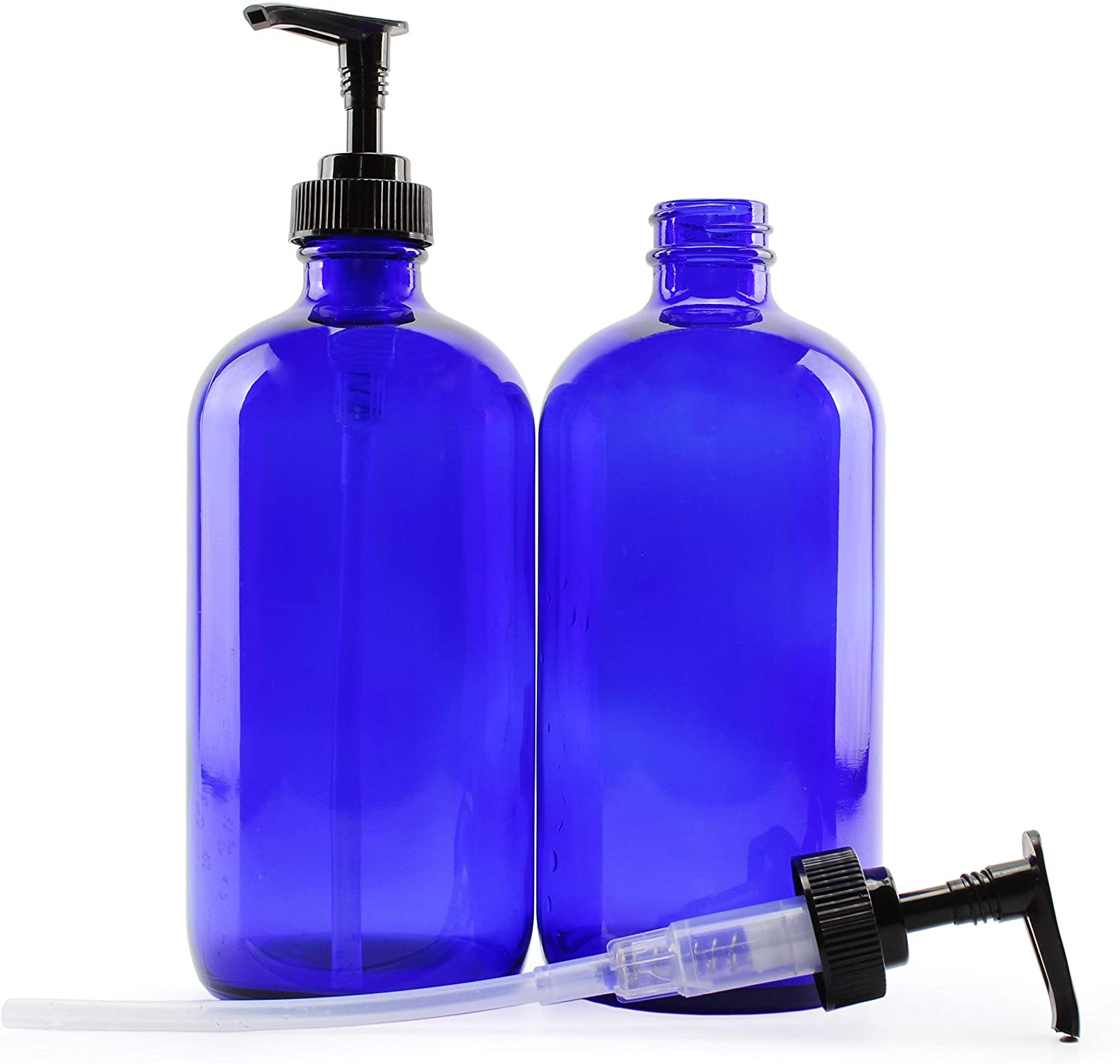 16Ounce Cobalt Blue Glass Bottles w/ Lotion Pump Dispensers (2Pack